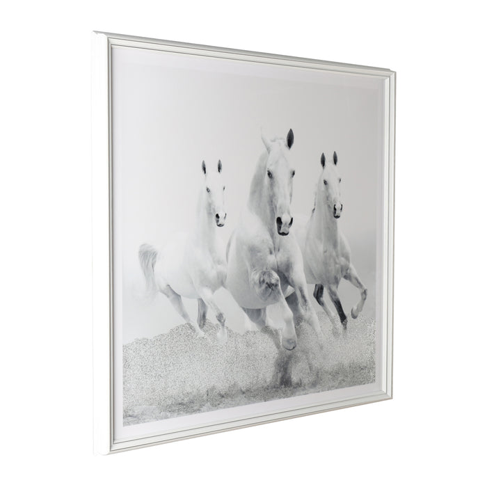 Framed Glitter Print White Horses 83 X 83cm