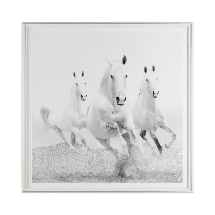 Framed Glitter Print White Horses 83 X 83cm