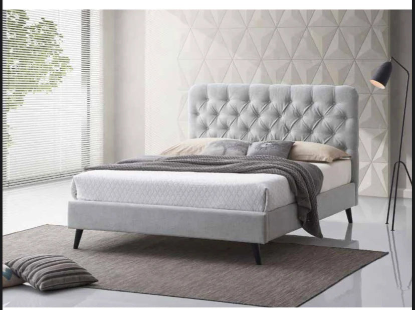 ALICE LIGHT GREY BUTTON BACK DOUBLE BEDFRAME — Flowerhill Furniture