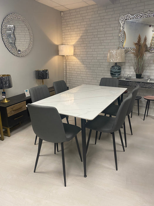 RUBY 1.6M WHITE MARBLE EFFECT DINING TABLE + 6 CHAIRS
