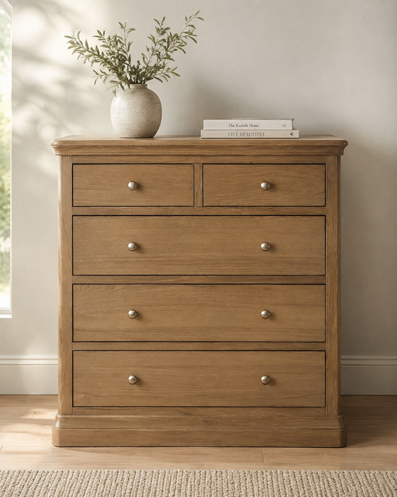 Toulouse Solid Oak 5 Drawer Tall Chest
