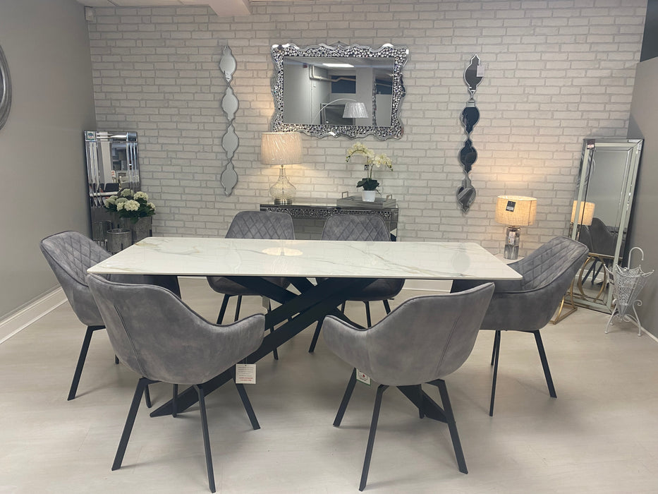 COSMOS 2M KASS GOLD DINING TABLE + 6  VERBENA SWIVEL SILVER CHAIRS
