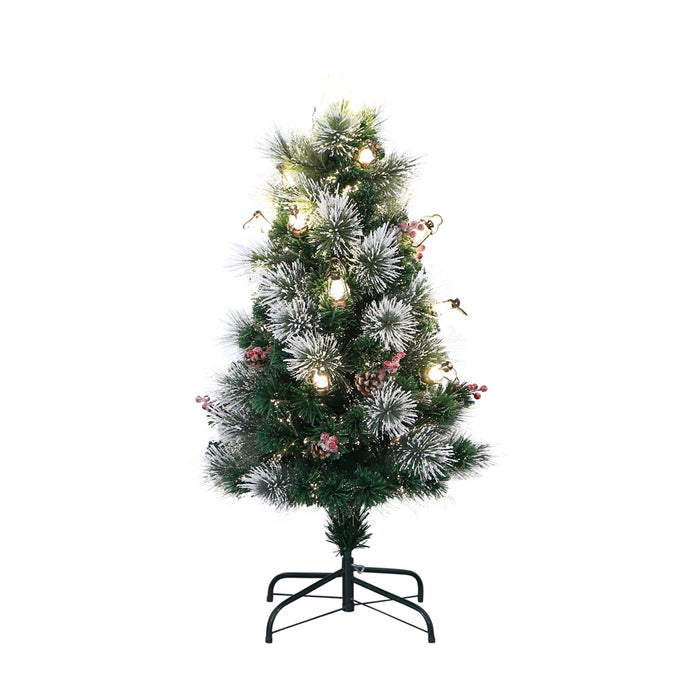 120cm Green Pine Mixed Fiber Optic Tree Withlight Snow With Kerosene Lamps With Warmlights With Cones Berries