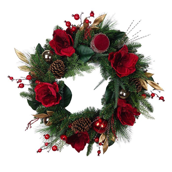 Wreath Deep Red Flowers And Baubles (led Lights)
