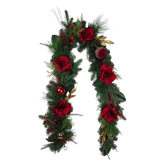Garland Deep Red Flowers And Baubles (led Lights)