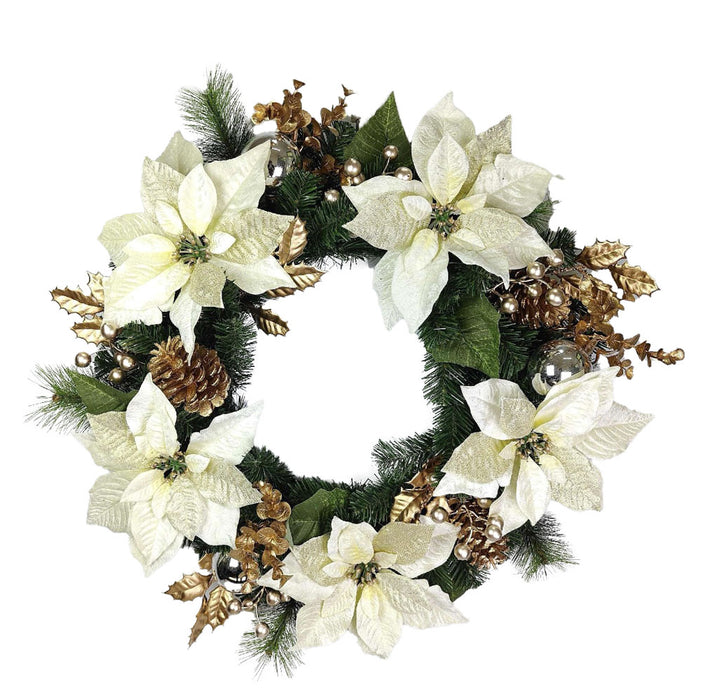 Wreath White Poinsettia Flowers/baubles (led Lights)